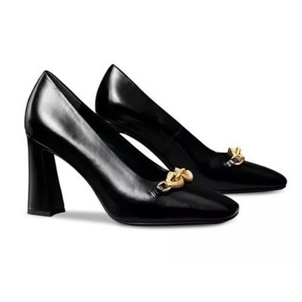 Tory Burch Jessa Pump 90mm Goat Leather‎ 7 Black Block Heel Double Horse Head